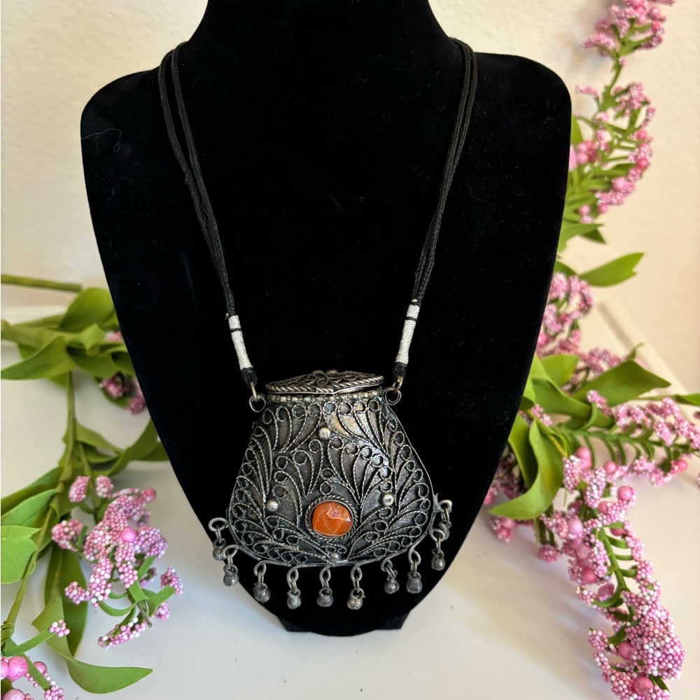 Vintage Sajai Metal Purse Necklace with Natural Agate Stones and Cord Strap